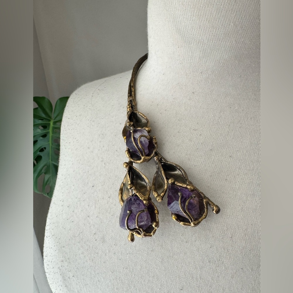 Artisan Brutalist Amethyst Leaf Torque Choker Sta… - image 2